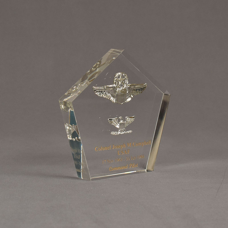 Pentagon acrylic embedment with flight wings and copper filled laser engraved text.